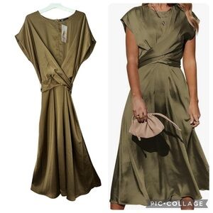 Olive Green Sateen Maxi Especial Ocassion Maxi Short Sleeves Large Dress BNWT